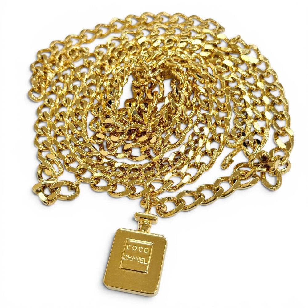 CHANEL Logo Perfume Bottle Charm Double Chain Belt, 81cm Total Length, Gold, ...